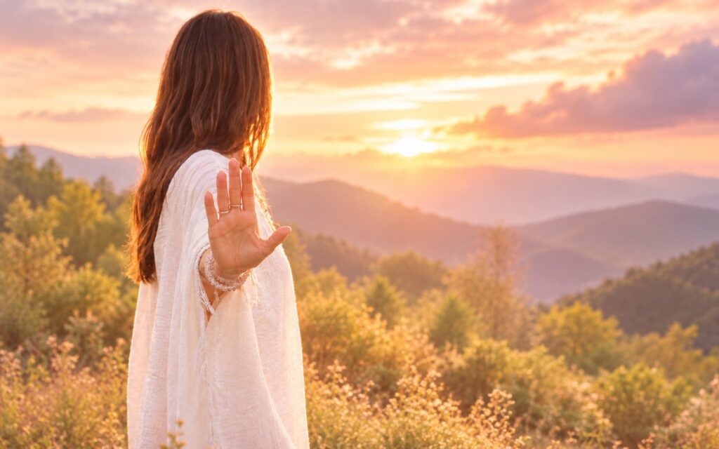 Frau in hellem Tuch hebt die Hand vor einer Berglandschaft im Sonnenuntergang
